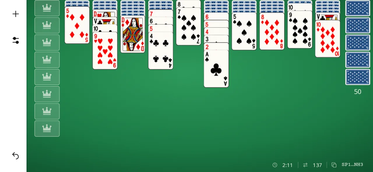 Spider Solitaire sur téléphone à l’horizontale, partie à 4 couleurs en cours : cartes des quatre enseignes posées par rang dans les dix colonnes, sans tenir compte de la couleur ; le talon est encore plein.
