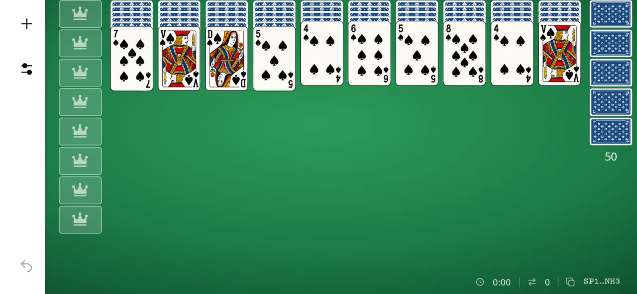 Spider Solitaire sur téléphone tenu à l’horizontale, début d’une partie à 1 couleur sur le tapis vert : dix colonnes de cartes au dos bleu avec un seul pique visible au bas de chacune, les huit places des suites à gauche et le talon de 50 cartes à droite.