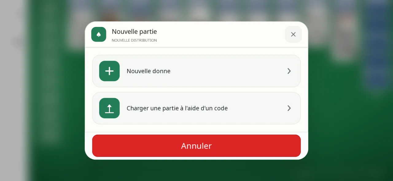 Fenêtre Nouvelle partie de l’app au-dessus du plateau flouté : deux choix, Nouvelle donne et Charger une partie à l’aide d’un code, puis un bouton Annuler.